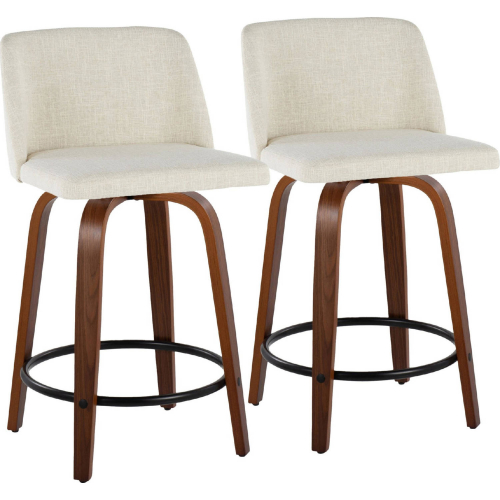 Toriano 24" Swivel Counter Stool in Walnut Wood & Cream Fabric w/ Black Footrest (Set of 2)